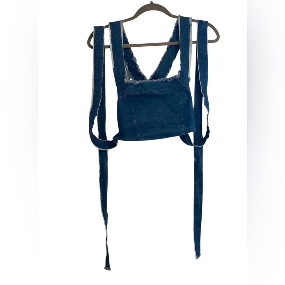 Denim Cropped Tank Top Medium Blue Chambray Criss Cross Back Tie Sexy Tie Boho - Picture 3 of 5